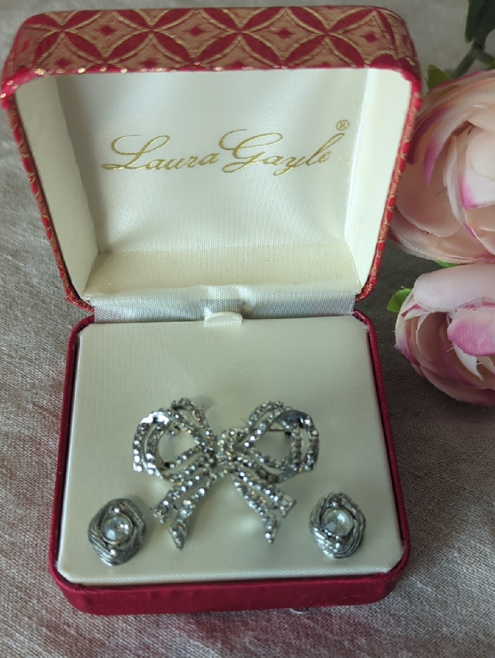 Vintage Laura Gayle Rhinestone Bow Brooch & Earrings 90s Coquette Jewelry